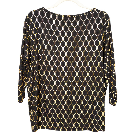 ST JOHN Black Gold Geometric Print Bateau Neck Blouse 3/4 Sleeves Women's Small - Picture 2 of 7